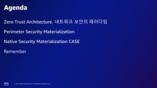 © 2023, Amazon Web Services, Inc. or its affiliates. All rights reserved.
Zero Trust Architecture, 네트워크 보안의 패러다임
Perimeter Security Materialization
Native Security Materialization CASE
Remember
Agenda
 
