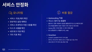 © 2023, Amazon Web Services, Inc. or its affiliates. All rights reserved.
▪ /
▪
▪
▪
▪
▪
▪ Autoscaling
▪
•
•
• Canary 1
• EC2 / ( , Job)
▪ Graviton
• arm64 amd64
• ,
• 20%
 