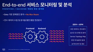 © 2023, Amazon Web Services, Inc. or its affiliates. All rights reserved.
End-to-end
F R O N T E N D / B A C K E N D
• Data = No War Room
•
Frontend Backend
Service Topology Map
AI
DEM + APM
 