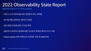 © 2023, Amazon Web Services, Inc. or its affiliates. All rights reserved.
2022 Observability State Report
O B S E R V A B I L I T Y C H A L L E N G E
•
•
•
•
• Observability
 