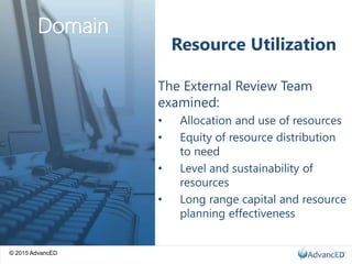 © 2015 AdvancED
Resource Utilization
The External Review Team
examined:
• Allocation and use of resources
• Equity of resource distribution
to need
• Level and sustainability of
resources
• Long range capital and resource
planning effectiveness
Domain
 