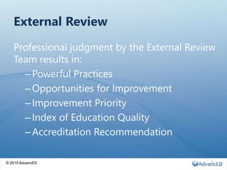 © 2015 AdvancED
External Review
Professional judgment by the External Review
Team results in:
–Powerful Practices
–Opportunities for Improvement
–Improvement Priority
–Index of Education Quality
–Accreditation Recommendation
© 2015 AdvancED 5
 