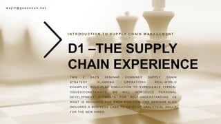 D1 –THE SUPPLY
CHAIN EXPERIENCE
I N T R O D U C T I O N T O S U P P L Y C H A I N M A N A G E M E N T
THIS 2 DAYS SEMINAR COMBINES SUPPLY CHAIN
STRATEGY, PLANNING, OPERATIONS REAL-W ORLD
EXAMPLES, ROLE-PLAY SIMULATION TO EXPERIENCE TYPICAL
ISSUES/CONSTRAINTS . W E W ILL INTRODUCE PERSONAL
DEVELOPMENT ELEMENTS FOR SELF-UNDERSTANDING VS
W HAT IS REQUIRED FOR EACH POSITION. THE SEMINAR ALSO
INCLUDES A BUSINESS CASE TO DEVELOP ANALYTICAL SKILLS
FOR THE NEW HIRED.
w a j i h @ g u e n n o u n . n e t
 