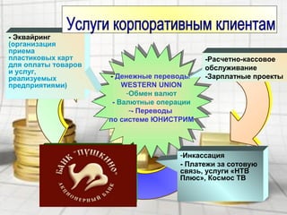 - Денежные переводы
WESTERN UNION
-Обмен валют
- Валютные операции
-- Переводы
по системе ЮНИСТРИМ
- Денежные переводы
WESTERN UNION
-Обмен валют
- Валютные операции
-- Переводы
по системе ЮНИСТРИМ
-Расчетно-кассовое
обслуживание
-Зарплатные проекты
-Инкассация
- Платежи за сотовую
связь, услуги «НТВ
Плюс», Космос ТВ
- Эквайринг
(организация
приема
пластиковых карт
для оплаты товаров
и услуг,
реализуемых
предприятиями)
 