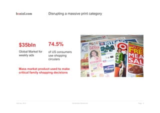 Page
Disrupting a massive print category
Introduction Bonial.com 4
74.5%
of US consumers
use shopping
circulars
$35bln
Global Market for
weekly ads
Mass market product used to make
critical family shopping decisions
13th Nov 2015
 