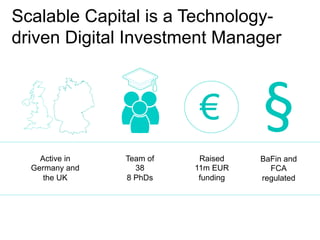 Scalable Capital is a Technology-
driven Digital Investment Manager
BaFin and
FCA
regulated
Active in
Germany and
the UK
Team of
38
8 PhDs
§€
Raised
11m EUR
funding
 