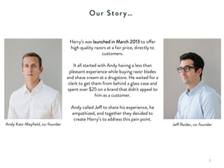 Harry’s was launched in March 2013 to offer
high quality razors at a fair price, directly to
customers.
It all started with Andy having a less than
pleasant experience while buying razor blades
and shave cream at a drugstore. He waited for a
clerk to get them from behind a glass case and
spent over $25 on a brand that didn't appeal to
him as a customer.
Andy called Jeff to share his experience, he
empathized, and together they decided to
create Harry’s to address this pain point.
Our Story…
2	
  
Andy Katz-Mayﬁeld, co-founder Jeff Raider, co-founder
 
