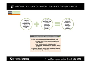 9
STRATEGIC CHALLENGE CUSTOMER EXPERIENCE & TANGIBLE SERVICES
Competitive Challenges
Build real customer loyalty via consequent CEM
Provide best-in-class customer experience
and service
Use product content and usability /
technology to substitute for personal service
in store
Combine excellent service with online only features
of assortment range and prices
Strategic customer experience challenges
Enhance
excellent
product range
and prices of
Ecommerce
with…
…product
education and
excellent
customer
experience
(formerly
offline)…
…to grab
significant
market share
of today‘s
stationary
retails‘
customers
 