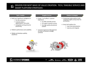 10
DRIVERS FOR NEXT WAVE OF VALUE CREATION: TECH, TANGIBLE SERVICE AND
SMART PLATFORM STRATEGIES
Tech / mobile Platform strategiesTangible Service
Build up of significant intelligence in
• On-Site conversion
• Customer data /
segmentation / life-cycles
• Competitor pricing and price
positioning
Platform performance and scalability
Mobile and desktop usability
excellence
Create: “as-if-offline” customer
experience
• E.g. Bike assembly service
• E.g. expert customer service
• E.g. high quality educational
content
• Customer Experience Management
at center of business strategy
centered
Combining mobile platform with
customer insights as key driver for
profitability
Smart tech platform for
• easy internationalization
• easy buy and integrate
 