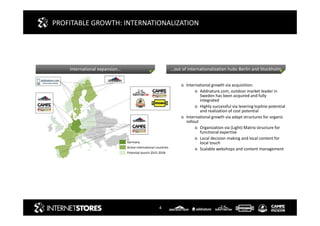 4
PROFITABLE GROWTH: INTERNATIONALIZATION
Active international countries
Potential launch 2015-2018
Germany
International expansion… …out of internationalization hubs Berlin and Stockholm
International growth via acquisition:
Addnature.com, outdoor market leader in
Sweden has been acquired and fully
integrated
Highly successful via levering topline potential
and realization of cost potential
International growth via adapt structures for organic
rollout
Organization via (Light) Matrix structure for
functional expertise
Local decision making and local content for
local touch
Scalable webshops and content management
 