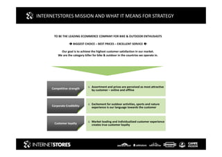 TO BE THE LEADING ECOMMERCE COMPANY FOR BIKE & OUTDOOR ENTHUSIASTS
BIGGEST CHOICE – BEST PRICES – EXCELLENT SERVICE 
Our goal is to achieve the highest customer satisfaction in our market.
We are the category killer for bike & outdoor in the countries we operate in.
INTERNETSTORES MISSION AND WHAT IT MEANS FOR STRATEGY
Excitement for outdoor activities, sports and nature
experience is our language towards the customerCorporate Credibility
Assortment and prices are perceived as most attractive
by customer – online and offlineCompetitive strength
Market leading and individualized customer experience
creates true customer loyaltyCustomer loyalty
 