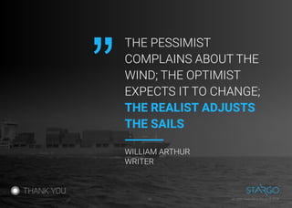 THANK YOU
THE PESSIMIST
COMPLAINS ABOUT THE
WIND; THE OPTIMIST
EXPECTS IT TO CHANGE;
THE REALIST ADJUSTS
THE SAILS
“
WILLIAM ARTHUR
WRITER
All rights reserved to Stargo © 201813
 