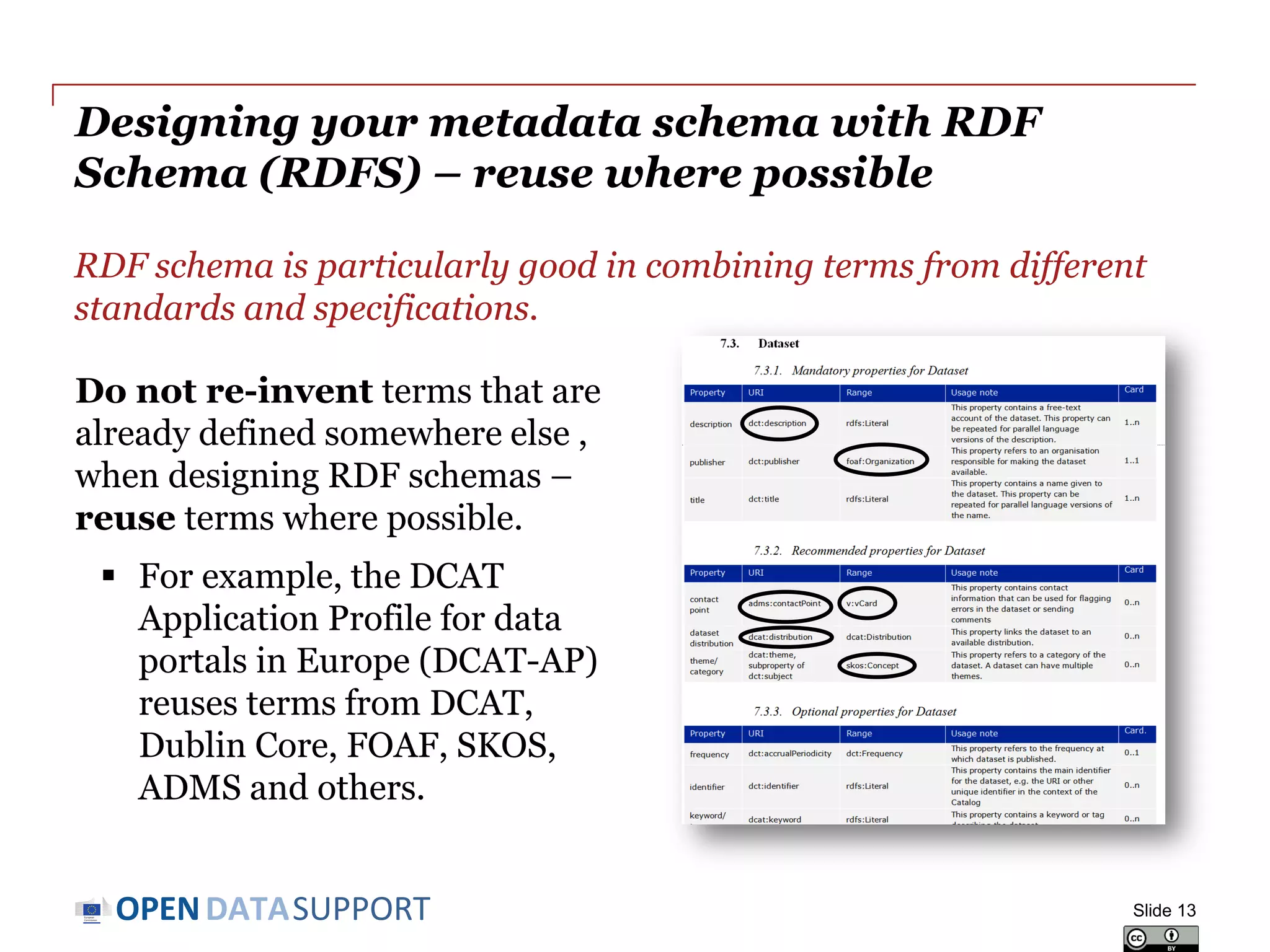 DATASUPPORTOPEN
Reuse existing vocabularies for providing
metadata to your resources
General purpose standards and specifications:
• Dublin Core for published material (text, images),
http://dublincore.org/documents/dcmi-terms/
• FOAF for people and organisations, http://xmlns.com/foaf/spec/
• SKOS for concept collections, http://www.w3.org/TR/skos-reference
• ADMS for interoperability assets, http://www.w3.org/TR/vocab-adms/
Specific standard for datasets:
• Data Catalog Vocabulary DCAT, http://www.w3.org/TR/vocab-dcat/
Specific usage of DCAT and other vocabularies to support
interoperability of data portals across Europe:
• DCAT application profile for data portals in Europe,
http://joinup.ec.europa.eu/asset/dcat_application_profile/description
Slide 13
 