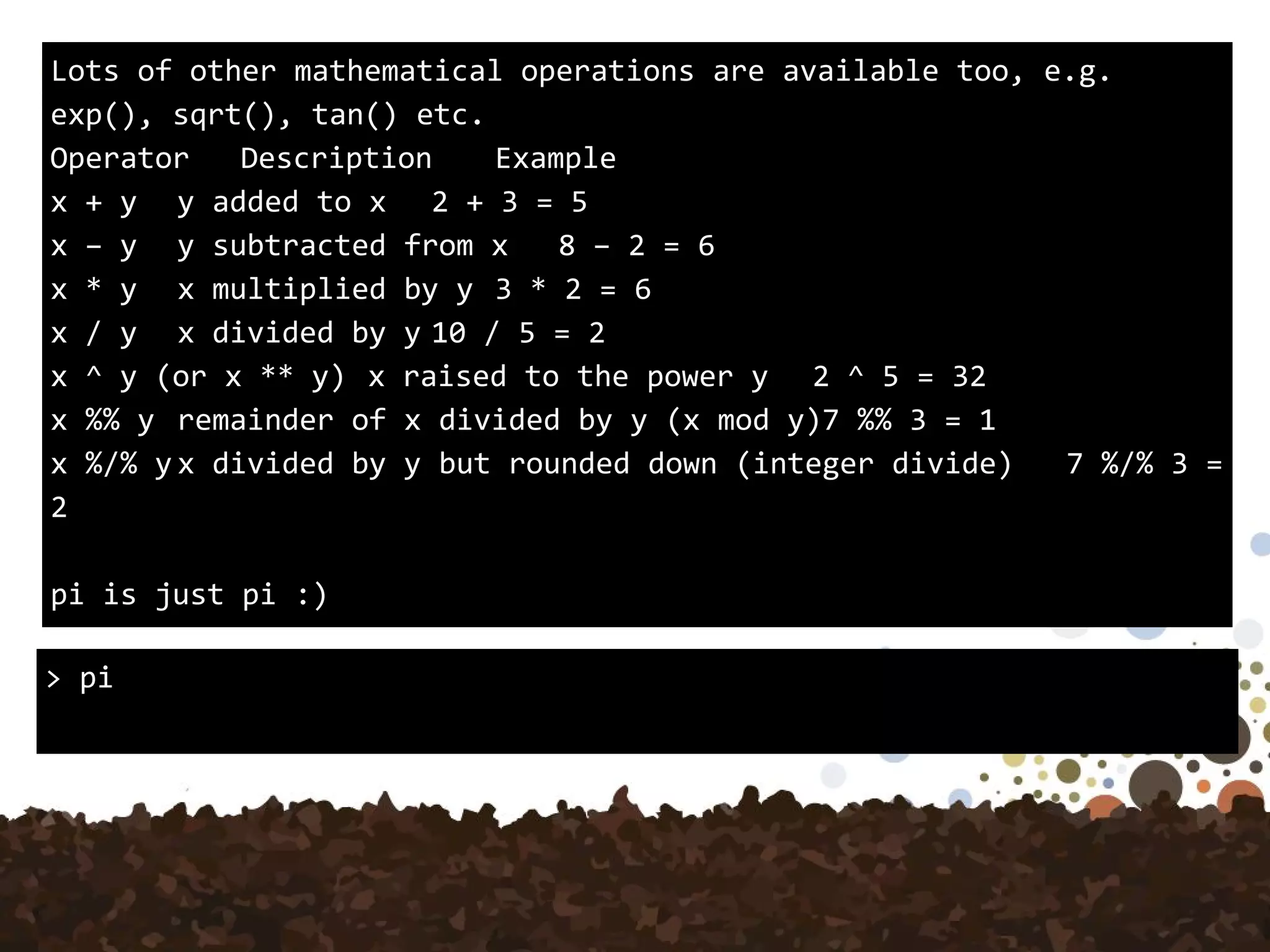 R BasicsLots of other mathematical operations are available too, e.g.
exp(), sqrt(), tan() etc.
Operator Description Example
x + y y added to x 2 + 3 = 5
x – y y subtracted from x 8 – 2 = 6
x * y x multiplied by y 3 * 2 = 6
x / y x divided by y 10 / 5 = 2
x ^ y (or x ** y) x raised to the power y 2 ^ 5 = 32
x %% y remainder of x divided by y (x mod y)7 %% 3 = 1
x %/% y x divided by y but rounded down (integer divide) 7 %/% 3 =
2
pi is just pi :)
> pi
 