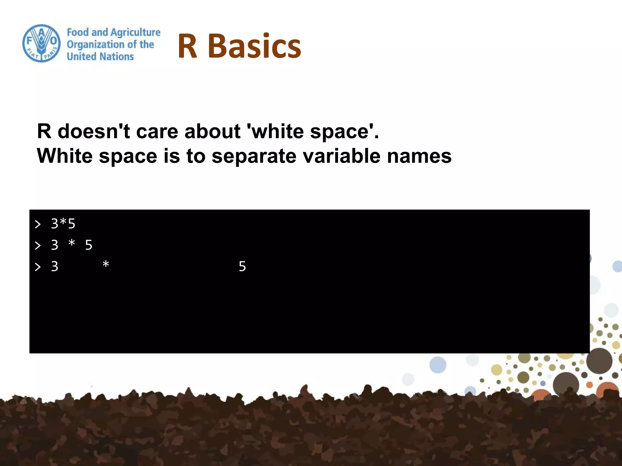 R Basics
> 3*5
> 3 * 5
> 3 * 5
R doesn't care about 'white space'.
White space is to separate variable names
 