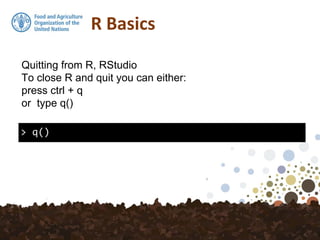 R Basics
> q()
Quitting from R, RStudio
To close R and quit you can either:
press ctrl + q
or type q()
 