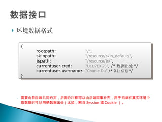 环境数据格式 需要由前后端共同约定，后面的注释可以由后端同事补齐，用于后端在真实环境中取数据时可以明确数据出处（比如，来自 Session 或 Cookie ）。 { rootpath: “/” ,   skinpath: “/resource/skin_default/” , jspath: “/resource/js/” ,  currentuser.cred:  “U1U7EXG5” , /* 数据出处 */ currentuser.username: “Charlie Du”  /* 备注信息 */ } 