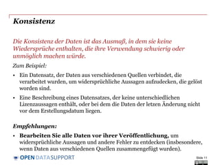 DATASUPPORTOPEN
Konsistenz
Die Konsistenz der Daten ist das Ausmaß, in dem sie keine
Wiedersprüche enthalten, die ihre Verwendung schwierig oder
unmöglich machen würde.
Zum Beispiel:
• Ein Datensatz, der Daten aus verschiedenen Quellen verbindet, die
verarbeitet wurden, um widersprüchliche Aussagen aufzudecken, die gelöst
worden sind.
• Eine Beschreibung eines Datensatzes, der keine unterschiedlichen
Lizenzaussagen enthält, oder bei dem die Daten der letzen Änderung nicht
vor dem Erstellungsdatum liegen.
Empfehlungen:
• Bearbeiten Sie alle Daten vor ihrer Veröffentlichung, um
widersprüchliche Aussagen und andere Fehler zu entdecken (insbesondere,
wenn Daten aus verschiedenen Quellen zusammengefügt wurden).
Slide 11
 