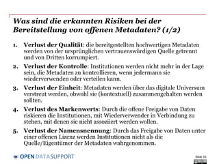 DATASUPPORTOPEN
Fallstudie:
Europeana
Wie Europeana die Lizenzierungs-Herausforderungen von
Daten und Metadaten überwand.
Slide 33
 