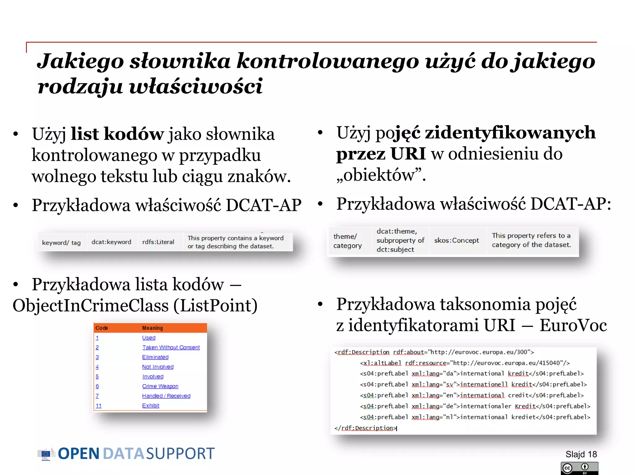 DATASUPPORTOPEN
Jakiego słownika kontrolowanego użyć do jakiego
rodzaju właściwości
• Użyj list kodów jako słownika
kontrolowanego w przypadku
wolnego tekstu lub ciągu znaków.
• Przykładowa właściwość DCAT-AP
• Przykładowa lista kodów ―
ObjectInCrimeClass (ListPoint)
• Użyj pojęć zidentyfikowanych
przez URI w odniesieniu do
„obiektów”.
• Przykładowa właściwość DCAT-AP:
• Przykładowa taksonomia pojęć
z identyfikatorami URI ― EuroVoc
Slajd 18
 