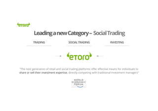 “The next generation of retail and social trading platforms offer effective means for individuals to
share or sell their investment expertise, directly competing with traditional investment managers”
TRADING SOCIALTRADING INVESTING
LeadinganewCategory– SocialTrading
 