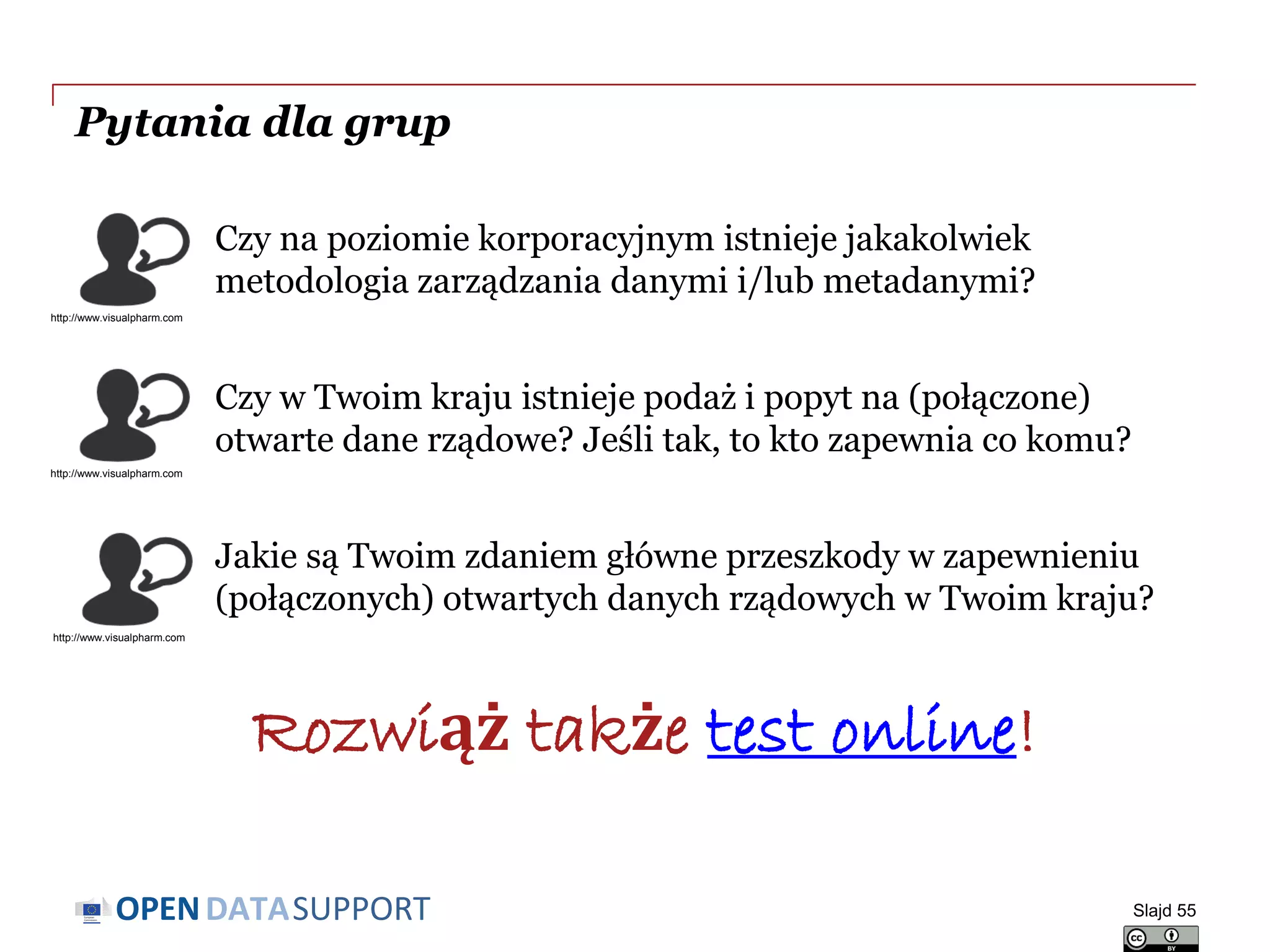 DATASUPPORTOPEN
Pytania dla grup
Slajd 55
Czy na poziomie korporacyjnym istnieje jakakolwiek
metodologia zarządzania danymi i/lub metadanymi?
Czy w Twoim kraju istnieje podaż i popyt na (połączone)
otwarte dane rządowe? Jeśli tak, to kto zapewnia co komu?
Jakie są Twoim zdaniem główne przeszkody w zapewnieniu
(połączonych) otwartych danych rządowych w Twoim kraju?
http://www.visualpharm.com
http://www.visualpharm.com
http://www.visualpharm.com
Rozwiąż także test online!
 