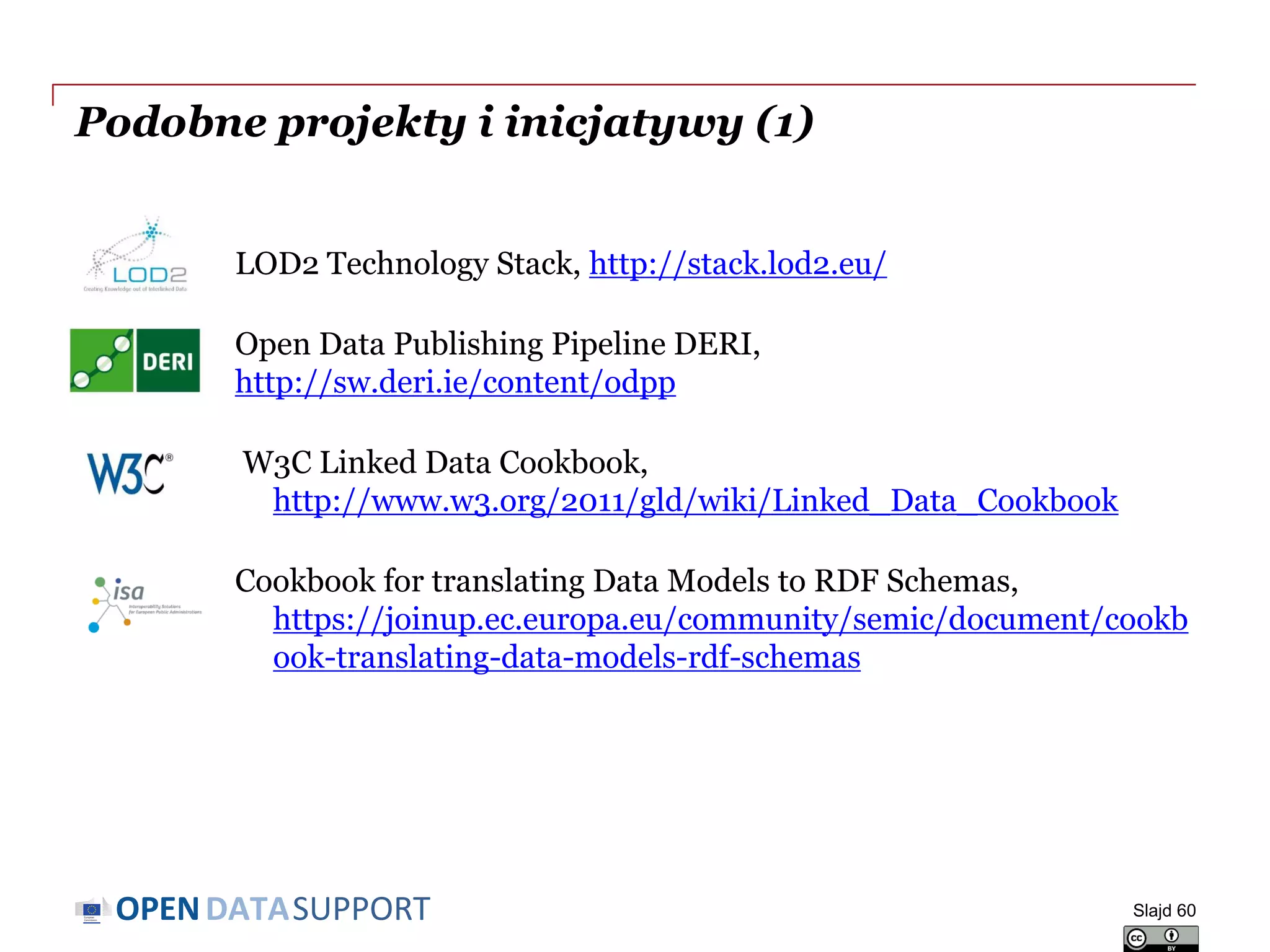 DATASUPPORTOPEN
Podobne projekty i inicjatywy (1)
LOD2 Technology Stack, http://stack.lod2.eu/
Open Data Publishing Pipeline DERI,
http://sw.deri.ie/content/odpp
W3C Linked Data Cookbook,
http://www.w3.org/2011/gld/wiki/Linked_Data_Cookbook
Cookbook for translating Data Models to RDF Schemas,
https://joinup.ec.europa.eu/community/semic/document/cookb
ook-translating-data-models-rdf-schemas
Slajd 60
 