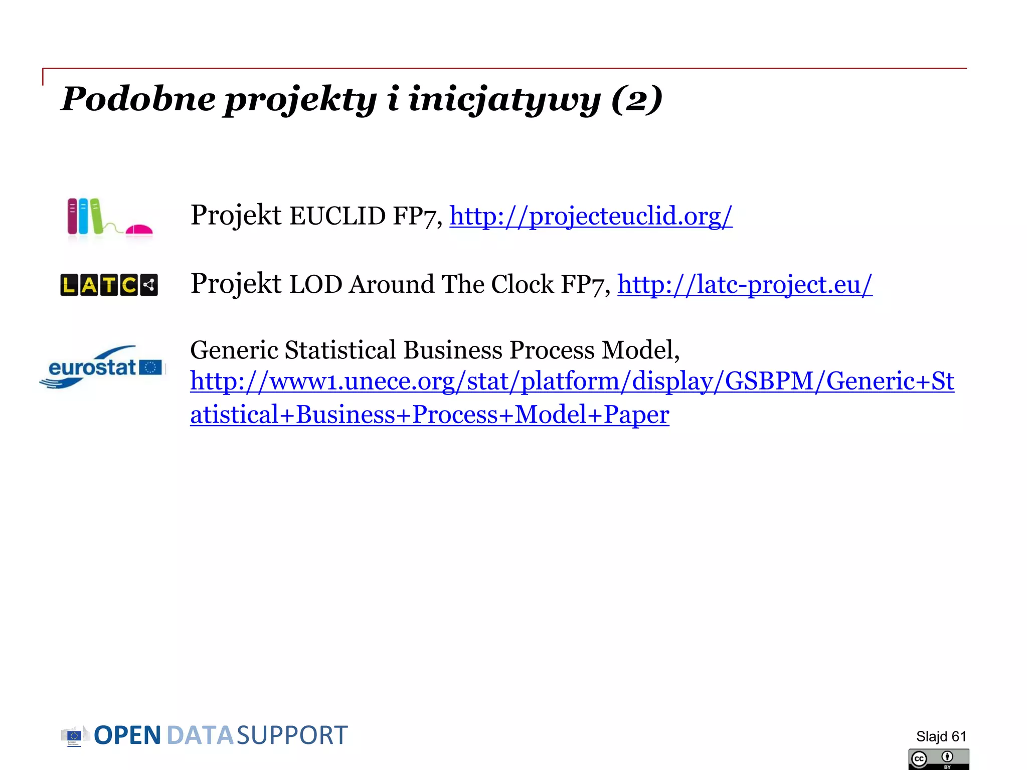 DATASUPPORTOPEN
Podobne projekty i inicjatywy (2)
Projekt EUCLID FP7, http://projecteuclid.org/
Projekt LOD Around The Clock FP7, http://latc-project.eu/
Generic Statistical Business Process Model,
http://www1.unece.org/stat/platform/display/GSBPM/Generic+St
atistical+Business+Process+Model+Paper
Slajd 61
 