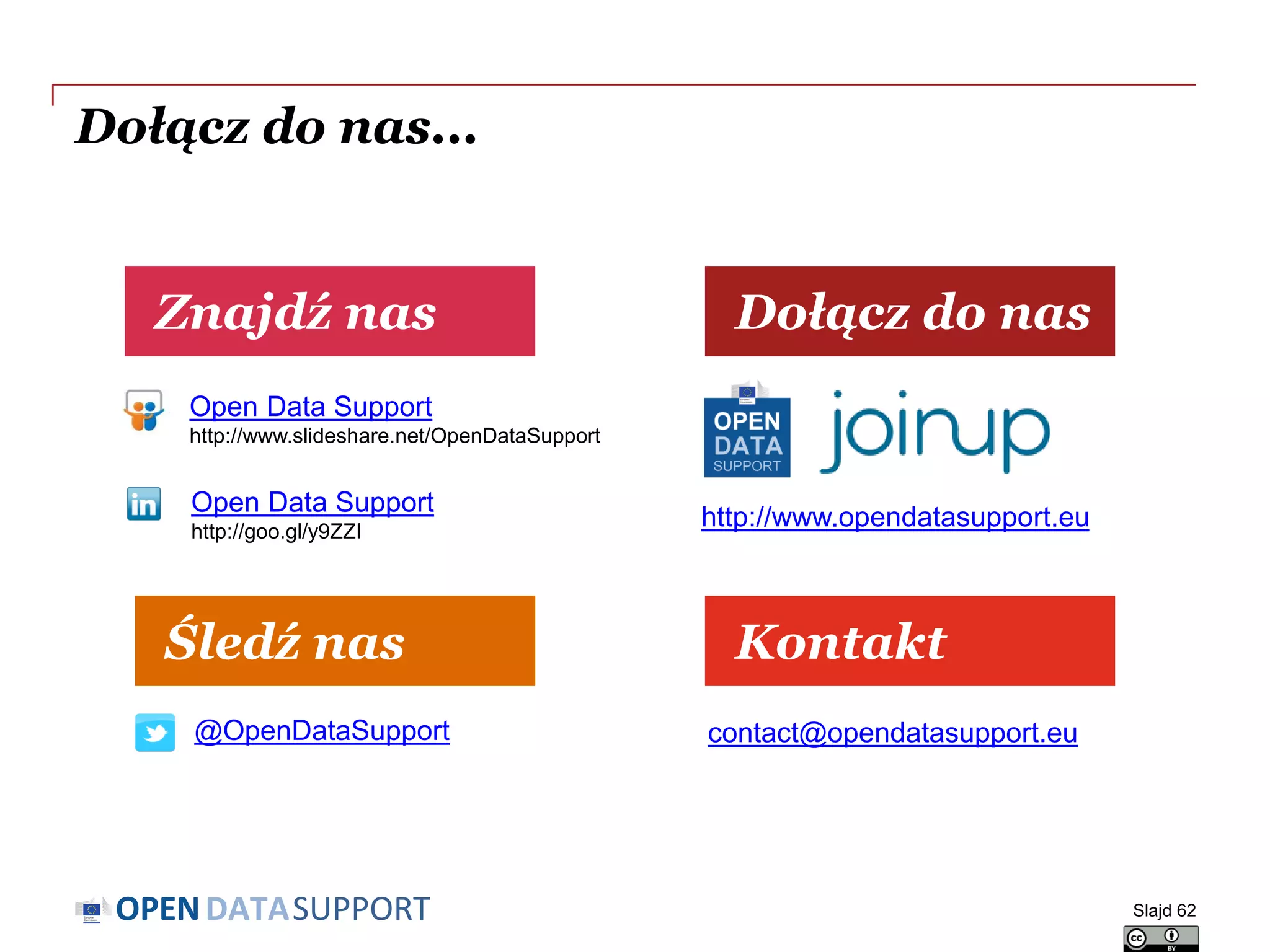 DATASUPPORTOPEN
Dołącz do nas...
Znajdź nas
Kontakt
Dołącz do nas
Śledź nas
Open Data Support
http://www.slideshare.net/OpenDataSupport
http://www.opendatasupport.eu
Open Data Support
http://goo.gl/y9ZZI
@OpenDataSupport contact@opendatasupport.eu
Slajd 62
 