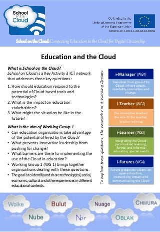 School on the Cloud: Connecting Education to the Cloud for Digital Citizenship
Education and the Cloud
What is School on the Cloud?
School on Cloud is a Key Activity 3 ICT network
that addresses three key questions:
1. How should education respond to the
potential of Cloud-based tools and
technologies?
2. What is the impact on education
stakeholders?
3. What might the situation be like in the
future?
What is the aim of Working Group 1
• Can education organizations take advantage
of the potential offered by the Cloud?
• What prevents innovative leadership from
pushing for change?
• What barriers are there to implementing the
use of the Cloud in education?
• Working Group 1 (WG 1) brings together
organizations dealing with these questions.
• Thegoalistoidentifyandsharetechnological,social,
economic,culturalandotherexperiencesindifferent
educationalcontexts.
543221-LLP-1-2013-1-GR-KA3-KA3NW
Toexplorethesequestions,thenetworkhas4WorkingGroups:
i-Manager (WG1)
Transition from ground to
Cloud: infrastructure,
mentality, innovation and
change
i-Teacher (WG2)
The innovative teacher:
the role of the teacher,
teacher training
i-Learner (WG3)
Integrating the Cloud:
personalised learning,
formal and informal
education, special needs
i-Futures (WG4)
Future prospects: visions on
open education,
interactivity, impact and
communicating the Cloud
 
