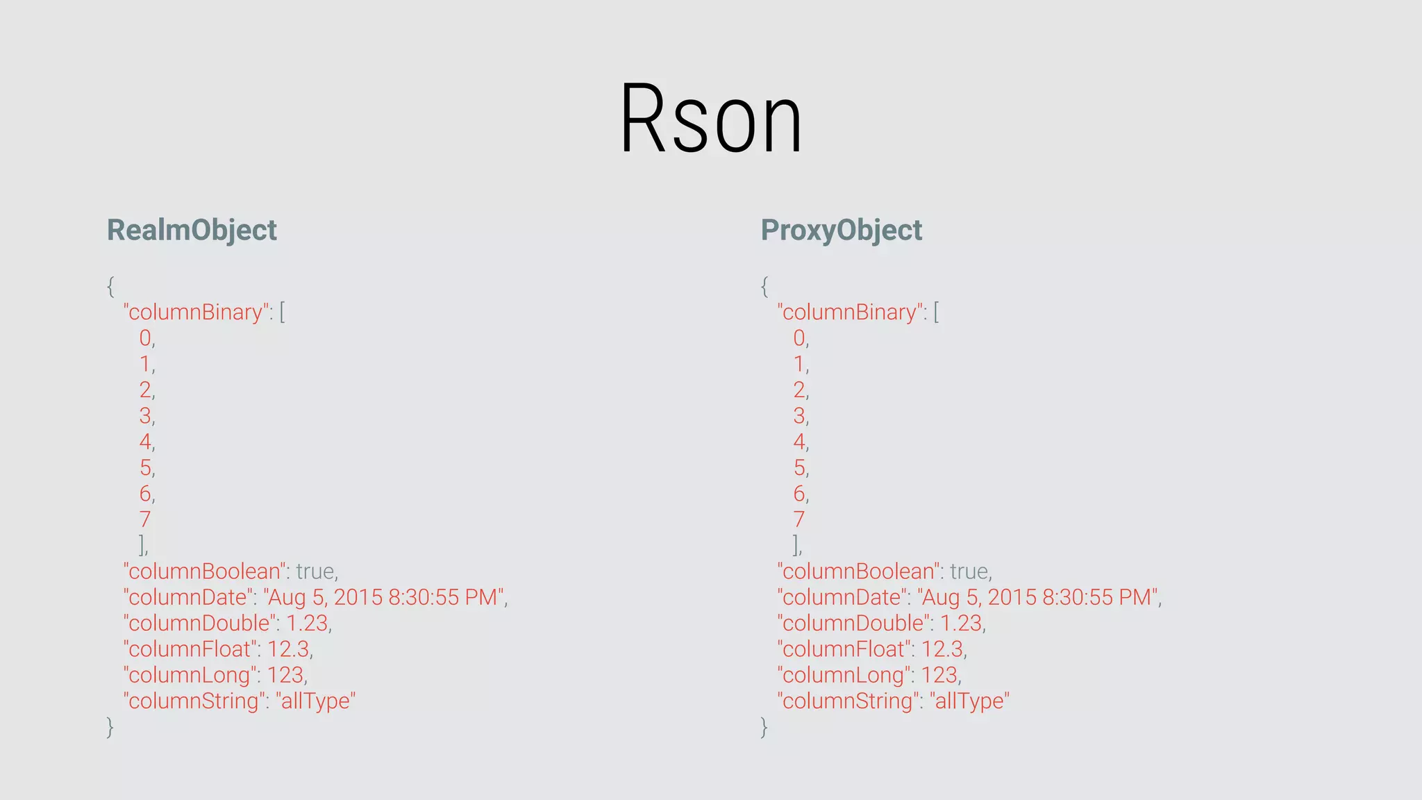 Rson
RealmObject
{
"columnBinary": [
0,
1,
2,
3,
4,
5,
6,
7
],
"columnBoolean": true,
"columnDate": "Aug 5, 2015 8:30:55 PM",
"columnDouble": 1.23,
"columnFloat": 12.3,
"columnLong": 123,
"columnString": "allType"
}
ProxyObject
{
"columnBinary": [
0,
1,
2,
3,
4,
5,
6,
7
],
"columnBoolean": true,
"columnDate": "Aug 5, 2015 8:30:55 PM",
"columnDouble": 1.23,
"columnFloat": 12.3,
"columnLong": 123,
"columnString": "allType"
}
 