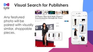 Visual Search for Publishers
Any featured
photo will be
paired with visually
similar, shoppable
pieces.
 