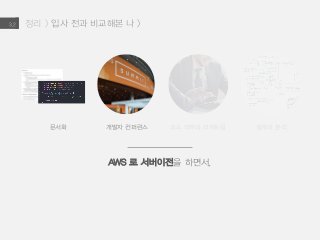 정리 > 입사 전과 비교해본 나 >3.2
문서화 개발자 컨퍼런스 코드 리뷰와 리펙토링 설계와 분석
AWS 로 서버이전을 하면서,
 
