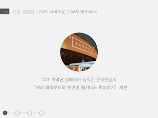 현업 경험담 > AWS 서버이전 > AWS 아키텍처2.2
그때 기억난 멍때리며 들었던 윤석찬님의
“AWS 클라우드로 천만명 웹서비스 확장하기”세션
 