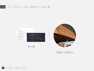 현업 경험담 > AWS 서버이전 > 느낀 점2.2
문서화
실제로 고생을 해 보고 중요성을 실감
앞으로 짜게될 코드에 대한
똑똑한 주석과 문서화의 필요성
 