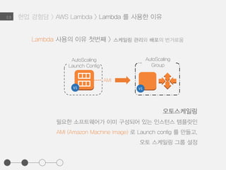 현업 경험담 > AWS Lambda > Lambda 를 사용한 이유2.3
Lambda 사용의 이유 첫번째
초기 버전의 난항으로 인한
잦은 백엔드 변경사항 발생으로
스케일링 관리와 배포의 번거로움
 