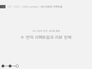 현업 경험담 > AWS Lambda > 코드리뷰와 리펙토링2.3
수 번의 리펙토링과 리뷰 반복
코드리뷰로 얻은 결과를 통해
 