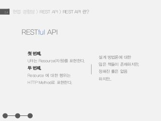 현업 경험담 > REST API > REST API 란?2.4
첫 번째,
URI는 Resource(자원)를 표현한다.
두 번째,
Resource 에 대한 행위는
HTTP Method로 표현한다.
설계 방법론에 대한
많은 책들이 존재하지만,
정해진 룰은 없음
하지만..
RESTful API
 
