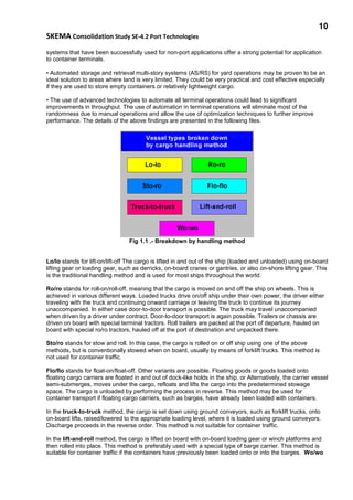 10
SKEMA Consolidation Study SE-4.2 Port Technologies
systems that have been successfully used for non-port applications offer a strong potential for application
to container terminals.
• Automated storage and retrieval multi-story systems (AS/RS) for yard operations may be proven to be an
ideal solution to areas where land is very limited. They could be very practical and cost effective especially
if they are used to store empty containers or relatively lightweight cargo.
• The use of advanced technologies to automate all terminal operations could lead to significant
improvements in throughput. The use of automation in terminal operations will eliminate most of the
randomness due to manual operations and allow the use of optimization techniques to further improve
performance. The details of the above findings are presented in the following files.
Fig 1.1 .- Breakdown by handling method
Lo/lo stands for lift-on/lift-off The cargo is lifted in and out of the ship (loaded and unloaded) using on-board
lifting gear or loading gear, such as derricks, on-board cranes or gantries, or also on-shore lifting gear. This
is the traditional handling method and is used for most ships throughout the world.
Ro/ro stands for roll-on/roll-off, meaning that the cargo is moved on and off the ship on wheels. This is
achieved in various different ways. Loaded trucks drive on/off ship under their own power, the driver either
traveling with the truck and continuing onward carriage or leaving the truck to continue its journey
unaccompanied. In either case door-to-door transport is possible. The truck may travel unaccompanied
when driven by a driver under contract. Door-to-door transport is again possible. Trailers or chassis are
driven on board with special terminal tractors. Roll trailers are packed at the port of departure, hauled on
board with special ro/ro tractors, hauled off at the port of destination and unpacked there.
Sto/ro stands for stow and roll. In this case, the cargo is rolled on or off ship using one of the above
methods, but is conventionally stowed when on board, usually by means of forklift trucks. This method is
not used for container traffic.
Flo/flo stands for float-on/float-off. Other variants are possible. Floating goods or goods loaded onto
floating cargo carriers are floated in and out of dock-like holds in the ship. or Alternatively, the carrier vessel
semi-submerges, moves under the cargo, refloats and lifts the cargo into the predetermined stowage
space. The cargo is unloaded by performing the process in reverse. This method may be used for
container transport if floating cargo carriers, such as barges, have already been loaded with containers.
In the truck-to-truck method, the cargo is set down using ground conveyors, such as forklift trucks, onto
on-board lifts, raised/lowered to the appropriate loading level, where it is loaded using ground conveyors.
Discharge proceeds in the reverse order. This method is not suitable for container traffic.
In the lift-and-roll method, the cargo is lifted on board with on-board loading gear or winch platforms and
then rolled into place. This method is preferably used with a special type of barge carrier. This method is
suitable for container traffic if the containers have previously been loaded onto or into the barges. Wo/wo
 