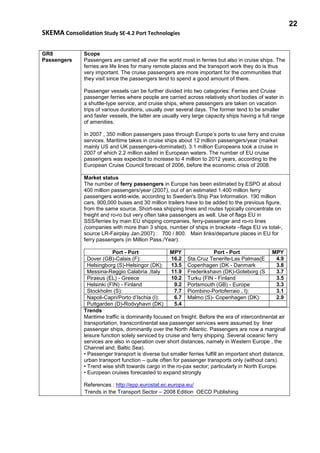 22
SKEMA Consolidation Study SE-4.2 Port Technologies
GR8
Passengers
Scope
Passengers are carried all over the world most in ferries but also in cruise ships. The
ferries are life lines for many remote places and the transport work they do is thus
very important. The cruise passengers are more important for the communities that
they visit since the passengers tend to spend a good amount of there.
Passenger vessels can be further divided into two categories: Ferries and Cruise
passenger ferries where people are carried across relatively short bodies of water in
a shuttle-type service, and cruise ships, where passengers are taken on vacation
trips of various durations, usually over several days. The former tend to be smaller
and faster vessels, the latter are usually very large capacity ships having a full range
of amenities.
In 2007 , 350 million passengers pass through Europe’s ports to use ferry and cruise
services. Maritime takes in cruise ships about 12 million passengers/year (market
mainly US and UK passengers-dominated). 3.1 million Europeans took a cruise in
2007 of which 2.2 million sailed in European waters. The number of EU cruise
passengers was expected to increase to 4 million to 2012 years, according to the
European Cruise Council forecast of 2006, before the economic crisis of 2008.
Market status
The number of ferry passengers in Europe has been estimated by ESPO at about
400 million passengers/year (2007), out of an estimated 1.400 million ferry
passengers world-wide, according to Sweden's Ship Pax Information. 190 million
cars, 900,000 buses and 30 million trailers have to be added to the previous figure,
from the same source. Short-sea shipping lines and routes typically concentrate on
freight and ro-ro but very often take passengers as well. Use of flags EU in
SSS/ferries by main EU shipping companies, ferry-passenger and ro-ro lines
(companies with more than 3 ships, number of ships in brackets –flags EU vs total-,
source LR-Fairplay Jan.2007) : 700 / 800. Main links/departure places in EU for
ferry passengers (in Million Pass./Year):
Port - Port MPY Port - Port MPY
Dover (GB)-Calais (F): 16.2 Sta.Cruz Tenerife-Las Palmas(E 4.9
Helsingborg (S)-Helsingor (DK): 13.5 Copenhagen (DK - Danmark 3.8
Messina-Reggio Calabria ,Italy 11.9 Frederikshavn (DK)-Goteborg (S 3.7
Piraeus (EL) - Greece 10.2 Turku (FIN - Finland 3.5
Helsinki (FIN) - Finland 9.2 Portsmouth (GB) - Europe 3.3
Stockholm (S): 7.7 Piombino-Portoferraio , I): 3.1
Napoli-Capri/Porto d’Ischia (I): 6.7 Malmo (S)- Copenhagen (DK): 2.9
Puttgarden (D)-Rodvyhavn (DK) 5.4
Trends
Maritime traffic is dominantly focused on freight. Before the era of intercontinental air
transportation, transcontinental sea passenger services were assumed by liner
passenger ships, dominantly over the North Atlantic. Passengers are now a marginal
leisure function solely serviced by cruise and ferry shipping. Several oceanic ferry
services are also in operation over short distances, namely in Western Europe , the
Channel and; Baltic Sea).
• Passenger transport is diverse but smaller ferries fulfill an important short distance,
urban transport function – quite often for passenger transports only (without cars).
• Trend wise shift towards cargo in the ro-pax sector; particularly in North Europe.
• European cruises forecasted to expand strongly
References : http://epp.eurostat.ec.europa.eu/
Trends in the Transport Sector – 2008 Edition OECD Publishing
 