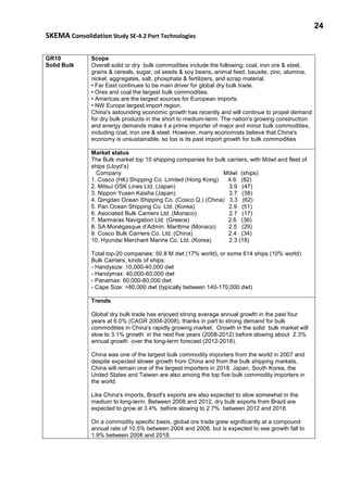 24
SKEMA Consolidation Study SE-4.2 Port Technologies
GR10
Solid Bulk
Scope
Overall solid or dry bulk commodities include the following; coal, iron ore & steel,
grains & cereals, sugar, oil seeds & soy beans, animal feed, bauxite, zinc, alumina,
nickel, aggregates, salt, phosphate & fertilizers, and scrap material.
• Far East continues to be main driver for global dry bulk trade.
• Ores and coal the largest bulk commodities.
• Americas are the largest sources for European imports.
• NW Europe largest import region.
China's astounding economic growth has recently and will continue to propel demand
for dry bulk products in the short to medium-term. The nation's growing construction
and energy demands make it a prime importer of major and minor bulk commodities,
including coal, iron ore & steel. However, many economists believe that China's
economy is unsustainable, so too is its past import growth for bulk commodities
Market status
The Bulk market top 10 shipping companies for bulk carriers, with Mdwt and fleet of
ships (Lloyd’s)
Company Mdwt (ships)
1. Cosco (HK) Shipping Co. Limited (Hong Kong) 4.6 (82)
2. Mitsui OSK Lines Ltd. (Japan) 3.9 (47)
3. Nippon Yusen Kaisha (Japan) 3.7 (38)
4. Qingdao Ocean Shipping Co. (Cosco Q.) (China) 3.3 (62)
5. Pan Ocean Shipping Co. Ltd. (Korea) 2.9 (51)
6. Asociated Bulk Carriers Ltd. (Monaco) 2.7 (17)
7. Marmaras Navigation Ltd. (Greece) 2.6 (36)
8. SA Monégasque d’Admin. Maritime (Monaco) 2.5 (29)
9. Cosco Bulk Carriers Co. Ltd. (China) 2.4 (34)
10. Hyundai Merchant Marine Co. Ltd. (Korea) 2.3 (18)
Total top-20 companies: 50.8 M dwt (17% world), or some 614 ships (10% world)
Bulk Carriers, kinds of ships:
- Handysize: 10,000-40,000 dwt
- Handymax: 40,000-60,000 dwt
- Panamax: 60,000-80,000 dwt
- Cape Size: >80,000 dwt (typically between 140-170,000 dwt)
Trends
Global dry bulk trade has enjoyed strong average annual growth in the past four
years at 6.0% (CAGR 2004-2008), thanks in part to strong demand for bulk
commodities in China's rapidly growing market. Growth in the solid bulk market will
slow to 3.1% growth in the next five years (2008-2012) before slowing about 2.3%
annual growth over the long-term forecast (2012-2018).
China was one of the largest bulk commodity importers from the world in 2007 and
despite expected slower growth from China and from the bulk shipping markets,
China will remain one of the largest importers in 2018. Japan, South Korea, the
United States and Taiwan are also among the top five bulk commodity importers in
the world.
Like China's imports, Brazil's exports are also expected to slow somewhat in the
medium to long-term. Between 2008 and 2012, dry bulk exports from Brazil are
expected to grow at 3.4% before slowing to 2.7% between 2012 and 2018.
On a commodity specific basis, global ore trade grew significantly at a compound
annual rate of 10.5% between 2004 and 2008, but is expected to see growth fall to
1.9% between 2008 and 2018.
 