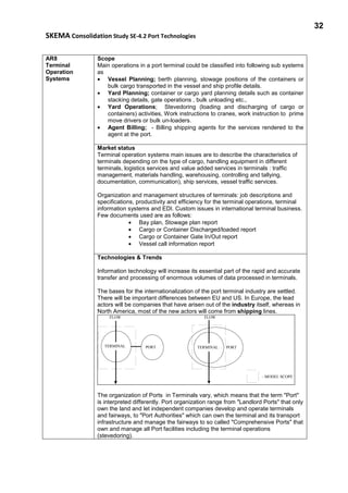 32
SKEMA Consolidation Study SE-4.2 Port Technologies
AR8
Terminal
Operation
Systems
Scope
Main operations in a port terminal could be classified into following sub systems
as
• Vessel Planning; berth planning, stowage positions of the containers or
bulk cargo transported in the vessel and ship profile details.
• Yard Planning; container or cargo yard planning details such as container
stacking details, gate operations , bulk unloading etc.,
• Yard Operations; Stevedoring (loading and discharging of cargo or
containers) activities, Work instructions to cranes, work instruction to prime
move drivers or bulk un-loaders.
• Agent Billing; - Billing shipping agents for the services rendered to the
agent at the port.
Market status
Terminal operation systems main issues are to describe the characteristics of
terminals depending on the type of cargo, handling equipment in different
terminals, logistics services and value added services in terminals : traffic
management, materials handling, warehousing, controlling and tallying,
documentation, communication), ship services, vessel traffic services.
Organization and management structures of terminals: job descriptions and
specifications, productivity and efficiency for the terminal operations, terminal
information systems and EDI. Custom issues in international terminal business.
Few documents used are as follows:
• Bay plan, Stowage plan report
• Cargo or Container Discharged/loaded report
• Cargo or Container Gate In/Out report
• Vessel call information report
Technologies & Trends
Information technology will increase its essential part of the rapid and accurate
transfer and processing of enormous volumes of data processed in terminals.
The bases for the internationalization of the port terminal industry are settled.
There will be important differences between EU and US. In Europe, the lead
actors will be companies that have arisen out of the industry itself, whereas in
North America, most of the new actors will come from shipping lines.
PORT PORT
FLOWFLOW
TERMINAL TERMINAL
- MODEL SCOPE
The organization of Ports in Terminals vary, which means that the term "Port"
is interpreted differently. Port organization range from "Landlord Ports" that only
own the land and let independent companies develop and operate terminals
and fairways, to "Port Authorities" which can own the terminal and its transport
infrastructure and manage the fairways to so called "Comprehensive Ports" that
own and manage all Port facilities including the terminal operations
(stevedoring).
 