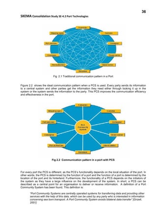 36
SKEMA Consolidation Study SE-4.2 Port Technologies
Fig 2.1 Traditional communication pattern in a Port
Figure 2.2 shows the ideal communication pattern when a PCS is used. Every party sends its information
to a central system and other parties get the information they need either through looking it up in the
system or the system sends the information to the party. This PCS improves the communication efficiency
and effectiveness in the port.
Fig 2.2 Communication pattern in a port with PCS
For every port the PCS is different, as the PCS’s functionality depends on the local situation of the port. In
other words, the PCS is determined by the function of a port and the function of a port is determined by the
location of the port and its hinterland. Furthermore, the functionality of a PCS depends on the initiators of
the system as they have a large influence on the development of the system. In short, a PCS can be
described as a central point for an organisation to deliver or receive information. A definition of a Port
Community System has been found. This definition is:
“Port Community Systems are centrally operated systems for transferring data and providing other
services with the help of this data, which can be used by any party who is interested in information
concerning sea born transport. A Port Community System avoids bilateral data transfer” [Grizell,
2001]
 