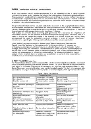 38
SKEMA Consolidation Study SE-4.2 Port Technologies
A port might benefit if the port authority employs new ICTs and operational models, in specific e-market
models and act as the ‘smart’ institution that governs the implementation of network organizational forms.
This development would redefine the operational framework and help to overcome inefficient operations,
and advance the cooperation of the several port stakeholders. Port-Authority-centered e-markets contribute
to overcome decisional and operating fragmentation and coordinate actions towards customer-oriented
structures of integrated port value chains.
The presence of multiple service providers leads to the expansion of the geographically concentrated,
mutually related, business units, associations and public-private organizations that are centered on a port
complex. Relationships become perplexing and port governance demands the management of numerous
(internal, external, public policy and community) stakeholders’ relations.
Port studies, in particular those examining port governance have recognized the importance of
stakeholders’ relations and the operation of networks arrangements among distinct but related firms as a
mean to promote the overall performance of the emerging port clusters. In this vein, scholars have
acknowledged the need for port-authority-centered strategies in order to promote stakeholders’
interactions, by expanding the efficiency and the effectiveness of the relevant coordination.
This is not least because coordination of actors in supply does not always arise spontaneously.
Overall, ‘networking’ as based on the advancement of a rational coordination, for operating and
strategically developing a port, with core features as outlined in the port-authority-centered e-market
paradigm, can revamp port authorities in a new blended virtual agency role, that is a combined physical
and electronic mode of operation. Based on the existing research, other studies postulate that port e-
markets can act as catalysts for efficient port product trading. The nature and complexity of the port
product, in terms of its high degree of variation and specialization, as well as its time, price and brand
sensitivity favor an e-marketplace appropriateness.
4. PORT TELEMATICS e-services
For the collection of data we used the websites of the selected commercial ports as well as the websites of
private companies providing port services wherever existed. The official websites of the ports were the
main source of information. The outcome of this research is a list of electronic services provided by ports.
Some of them were common while others were provided only by few ports. The study of the collected data
provided a list of “unique” electronic services provided by commercial ports, which is presented in the table
Table : List of Port Services
Provided Services
Port general information Port Facilities information Contact details
Port statistics Transportation services list Served lines list
Provided services list Provided maritime services
list
Provided cargo functions list
List of companies operating in
port area
Port operation rules Waste management
processing
VHF channels Navigation instructions Meteorological services /
Meteorological Charts
Current/wave information (live
feed/history)
Navigation charts Waste management
information
Emergency management
information
Port safety related
information
Port services price table
Port services fee calculator Port development plans Job offers information
Education related information Schedule of ships arrival History of departures and
arrivals
List of anchored ships Shipping Announcements Electronic transactions /
payments progress tracking
Virtual marketplace for goods
and services
Service orders/ reservations Pilot and tug reservations
Electronic negotiations /
auctions system
Telematics connection
between cargo stakeholders
with common use of data
Input and maintenance of
cargo bookings
 