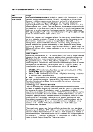 53
SKEMA Consolidation Study SE-4.2 Port Technologies
SE4
EDI message
interchange
Scope
Electronic Data Interchange (EDI) refers to the structured transmission of data
between entities by electronic means. Currently it is more than a simple e-mail,
because it might covers commercial documents such as bill of lading , container
check lists or safety warnings with appropriate EDI messages. It also refers
specifically to a standards family, including the X12, ODETTE or EDIFACT., EDI
has pre-Internet roots, ( 1980...) and the standards tend to weight single messages
such as ASCII format rather than the whole sequence of conditions and exchanges
that make up an inter-organization business process like the intermodal services.
EDI is promoted by the UN before Internet technologies through the EDIFACT (ISO
9735) and after the Internet via the UN/CEFACT.
EDI implies a sequence of messages between 2 entities parties, either of them may
serve as originator or recipient. The data format representing the documents may
be transmitted via telecoms services or transported on a CD or USB or other
storage media. EDI means that the message processing is only by computer.
Human intervention is typically intended only for error detections, quality review,
and special situations. For example, the transmission of binary or textual data is not
EDI as defined here unless the data are treated as one or more data elements of an
EDI message.
State of the Art
EDI can be actually defined as 'The transfer of structured data, by agreed message
standards, from one computer system to another without intervention of persons'.
Most other definitions used are variations on this theme. Nevertheless, in the last
few years technologies such as XML, Internet, Web Services or WWW are
introducing old EDI applications in the Electronic Commerce applications in different
industries that has been using this technology, such as : transport, banking, car
manufacturing, pharmacy,.... There are four main sets of EDI standards:
• UN/EDIFACT the international standard and is predominant outside of USA
• US/ANSI ASC-X12 is the EDI standard in USA.
• TRADACOMS standard developed by the ANA (Article Numbering Association)
is dominant in the UK retail industry.
• ODETTE EDI standard used within the European automotive industry
All these standards appeared in the early 1980s. The standards prescribe the
formats, character sets, and data elements used in the exchange of business
documents and forms.
Technology used & Services Provided
The EDI technology was designed to be independent of communication and
software technologies. EDI can be transmitted using any methodology agreed to by
the sender and recipient. This includes a variety of technologies, including
asynchronous, and bisynchronous modem, FTP, HTTP and e-mail. It is important to
differentiate between the documents and the methods for transmitting EDI. When
compared the bisynchronous 2.4 kbit/s modems, CLEO devices, and VAN’s used
to transmit EDI documents via the Internet, some persons compared the non-
Internet technologies with EDI and predicted that EDI would be replaced with the
non-Internet technologies. These non-internet transmission methods are being
replaced by IP ( Internet Protocols) such as FTP and e-mail, but the EDI
documents forms still remain.
The more trading partners use the Internet for transmission, the more standards
have emerged. In 2002, the IETF published a technical recommendation, offering a
standard method of secure transfer EDI data via e-mail. On 2005,IETF ratified a
recommendation for MIME-based HTTP EDI-INT transfers, and is preparing similar
documents for FTP transfers. While some EDI transmission has moved to these
newer protocols the providers of the VAN remain active.
 