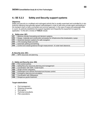 68
SKEMA Consolidation Study SE-4.2 Port Technologies
4.- SE 5.2.3 Safety and Security support systems
Objectives
Safety and security is a multitask and multi-agent activity that is usually supervised and controlled by in situ
Authority following internationally agreed methodologies in order to add every private agent participating in
the transport chain to fulfil a connected and common approach. In the case of cargo and passengers flow
in a port, its authority establishes the support regulation and frequently the equipment to support its
application. To this aim a review of TOOLS include:
A. Safety area: (SF)
SF1 Maritime climate forecasting and decision systems.
SF2 Design, materials and construction processes for infrastructure like breakwaters, quays
SF3 Advanced decision systems for safe navigation
SF4 VTS including Radar and AIS.
SF5 Automatic piloting and berthing.
SF6 Control and vessel guidance through measurement of under keel clearance.
B. Security area: (SC)
SC1 ISPS resources and planning
C.- Safety and Security area: (SS)
SS1 Port control centres:
SS2 Safety/Security resources planning and management
SS3 Coordination with SAR / Coast Guard.
SS4 Single window integration.
SS5 Passengers and vehicle Perimetral and Access control.
SS6 Emergency planning and simulation.
SS7 Coordination with Safeseanet.
SS8 Dangerous goods treatment.
Target stakeholders
• Port management.
• Shipping companies.
• Ship agents.
• Technical consultants.
• Pilot corporations.
 