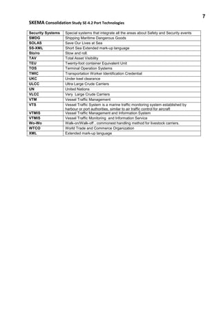 7
SKEMA Consolidation Study SE-4.2 Port Technologies
Security Systems Special systems that integrate all the areas about Safety and Security events
SMDG Shipping Maritime Dangerous Goods
SOLAS Save Our Lives at Sea
SS-XML Short Sea Extended mark-up language
Sto/ro Stow and roll.
TAV Total Asset Visibility
TEU Twenty-foot container Equivalent Unit
TOS Terminal Operation Systems
TWIC Transportation Worker Identification Credential
UKC Under keel clearance
ULCC Ultra Large Crude Carriers
UN United Nations
VLCC Very Large Crude Carriers
VTM Vessel Traffic Management
VTS Vessel Traffic System is a marine traffic monitoring system established by
harbour or port authorities, similar to air traffic control for aircraft
VTMIS Vessel Traffic Management and Information System
VTMIS Vessel Traffic Monitoring and Information Service
Wo-Wo Walk-on/Walk-off , commonest handling method for livestock carriers.
WTCO World Trade and Commerce Organization
XML Extended mark-up language
 