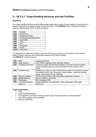 8
SKEMA Consolidation Study SE-4.2 Port Technologies
2.- SE 5.2.1 Cargo Handling advances and new Facilities
Objectives.
The Cargo Handling facilities must be differentiated depending on type of cargo handled, infrastructures or
software required to manage the cargo during the process. The GROUPS must be defined including all
types of cargo handling, and it could be as follows:
GR1 Cereals
GR2 Containers
GR3 Dangerous Goods
GR4 Fruits and perishable goods
GR5 Liquid Bulk
GR6 LPG
GR7 Oil
GR8 Passenger
GR9 Ro-Ro
GR10 Solid Bulks
The objective is to define and develop a study for all these groups focus on the study in some specific
areas to find the advances and new facilities related to the Cargo Handling.
The AREAS for studying must be:
AR1 ERP invoicing, services
AR2 Gate Systems OCR, RFID, magnetic cards, biometric readers
AR3 Handling Equipment cranes for vessel and terminal operations, terminal transport systems,
cargo handling equipment, such as straddle carriers, gantry cranes,
AGVs
AR4 Infrastructures depending on type of cargo, infrastructures used in the operation process
are different (berth lines, dangerous cargo facilities, inspection facilities,
quays, warehouses, fences, buildings
AR5 Security Systems CCTV, access control, video processing, perimeter protection
AR6 Safety Systems anti-fire systems, sensoring
AR7 Telematics EDI messages, B2B
AR8 Terminal Operation
Systems
vessel operations, yard operation, RFID, automation, GPS, gate
operations
Target stakeholders
• Ports
• Cargo handling suppliers.
• Port operators: terminals, stevedores, pilots, tugs, mooring companies, vessel suppliers
• Civil works suppliers and consultants.
• Maritime Authorities.
 
