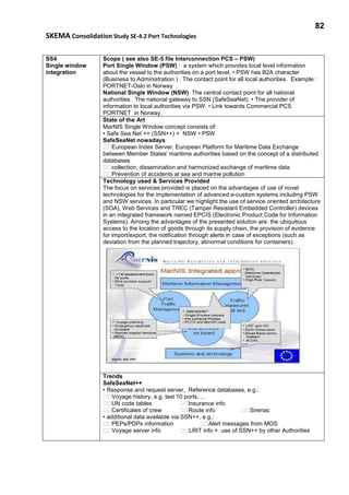 82
SKEMA Consolidation Study SE-4.2 Port Technologies
SS4
Single window
integration
Scope ( see also SE-5 file Interconnection PCS – PSW)
Port Single Window (PSW) : a system which provides local level information
about the vessel to the authorities on a port level, • PSW has B2A character
(Business to Administration ) . The contact point for all local authorities. Example :
PORTNET-Oslo in Norway
National Single Window (NSW) The central contact point for all national
authorities. The national gateway to SSN (SafeSeaNet). • The provider of
information to local authorities via PSW. • Link towards Commercial PCS
PORTNET in Norway.
State of the Art
MarNIS Single Window concept consists of:
• Safe Sea Net ++ (SSN++) + NSW • PSW
SafeSeaNet nowadays
European Index Server; European Platform for Maritime Data Exchange
between Member States' maritime authorities based on the concept of a distributed
databases
collection, dissemination and harmonized exchange of maritime data
Prevention of accidents at sea and marine pollution
Technology used & Services Provided
The focus on services provided is placed on the advantages of use of novel
technologies for the implementation of advanced e-custom systems including PSW
and NSW services. In particular we highlight the use of service oriented architecture
(SOA), Web Services and TREC (Tamper Resistant Embedded Controller) devices
in an integrated framework named EPCIS (Electronic Product Code for Information
Systems). Among the advantages of the presented solution are: the ubiquitous
access to the location of goods through its supply chain, the provision of evidence
for import/export, the notification through alerts in case of exceptions (such as
deviation from the planned trajectory, abnormal conditions for containers).
Trends
SafeSeaNet++
• Response and request server, Reference databases, e.g.:
Voyage history, e.g. last 10 ports, …
UN code tables Insurance info
Certificates of crew Route info Sirenac
• additional data available via SSN++, e.g.:
PEPs/PDPs information Alert messages from MOS
Voyage server info LRIT info + use of SSN++ by other Authorities
 