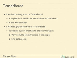 TensorFlow
TensorBoard
● If we feed training stats to TensorBoard
○ It displays nice interactive visualizations of these stats
○ In the web browser
● If we feed graph definition to TensorBoard
○ It displays a great interface to browse through it
■ Very useful to identify errors in the graph
■ Find bottlenecks
 
